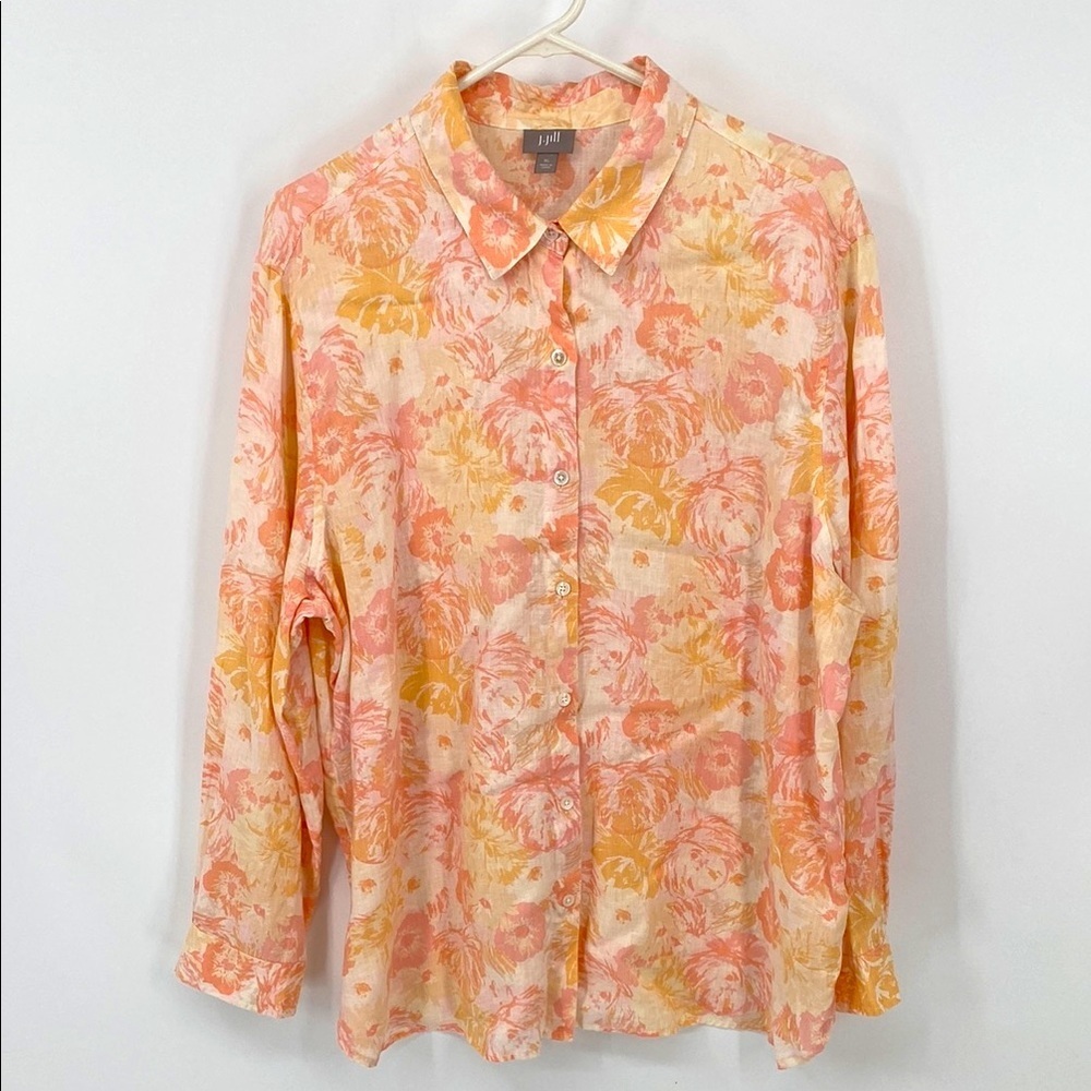 J. Jill Linen Pink and Yellow Casual Button Down Shirt Size XL
